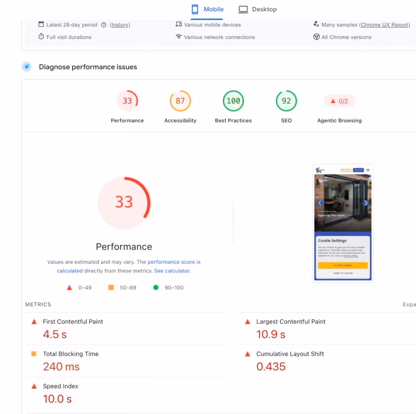Wynik PageSpeed przed zmianami: wydajność 33